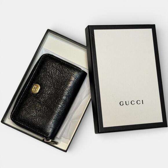 Gucci Black Grained Leather Zip Wallet Iconic Interlocking GG w/Storage Box - Picture 8 of 9